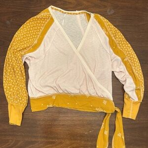 Free People Pink Waffle Knit Top with Mustard Floral Trim